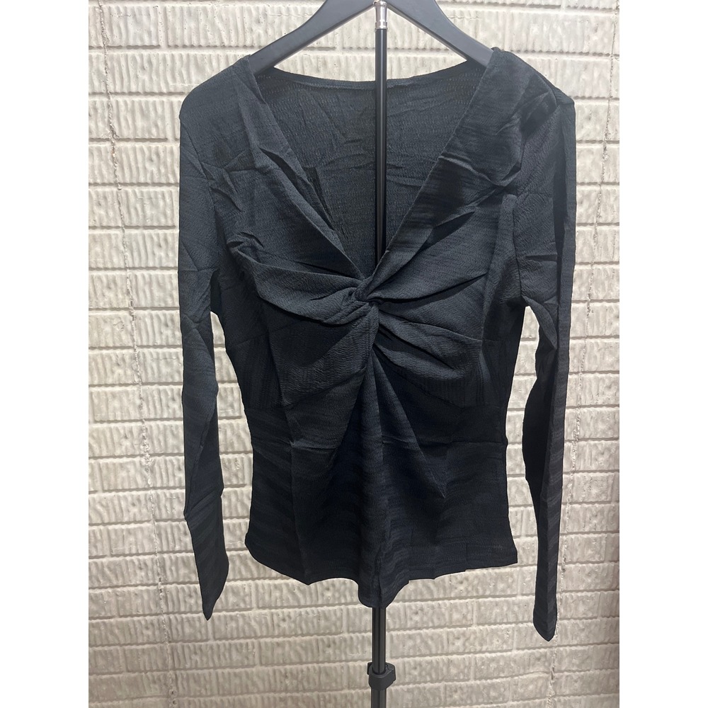 Womens Black Twist Front V-Neck Long Sleeve‎ Crinkle Texture Top XL
